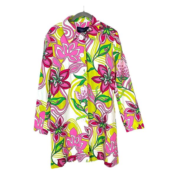 Trench Overcoat Women's Psychedelic Color Pop Bold Floral Retro Style in Pinks M - Picture 1 of 15